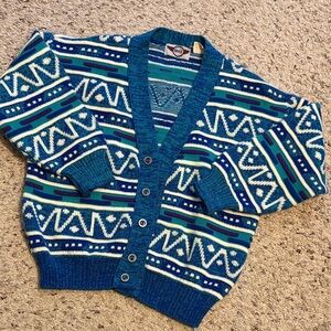Vintage Kids Geometric Blue Chunky Sweater Cardigan
